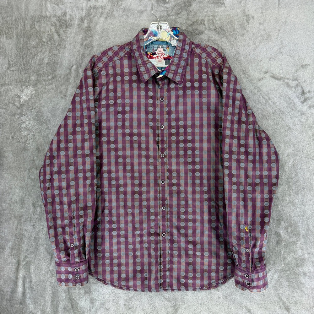Robert Graham Mens 2XL Classic Fit Button Down Shirt Burgundy Grid Ski Yeti Trim